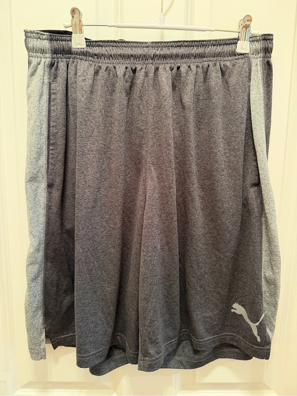 Puma Dark Gray Drawstring Athletic Shorts with Logo Waist Label, side pockets